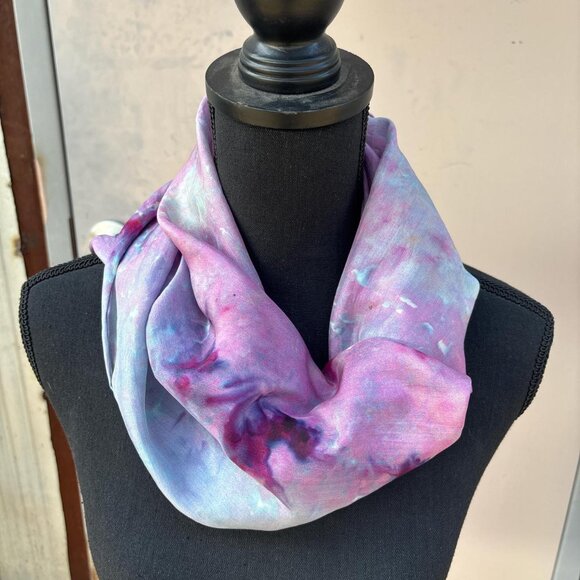 Hand Dyed Silk Scarf Purple Womens Small Batch Ice Dye Boho - Picture 7 of 8